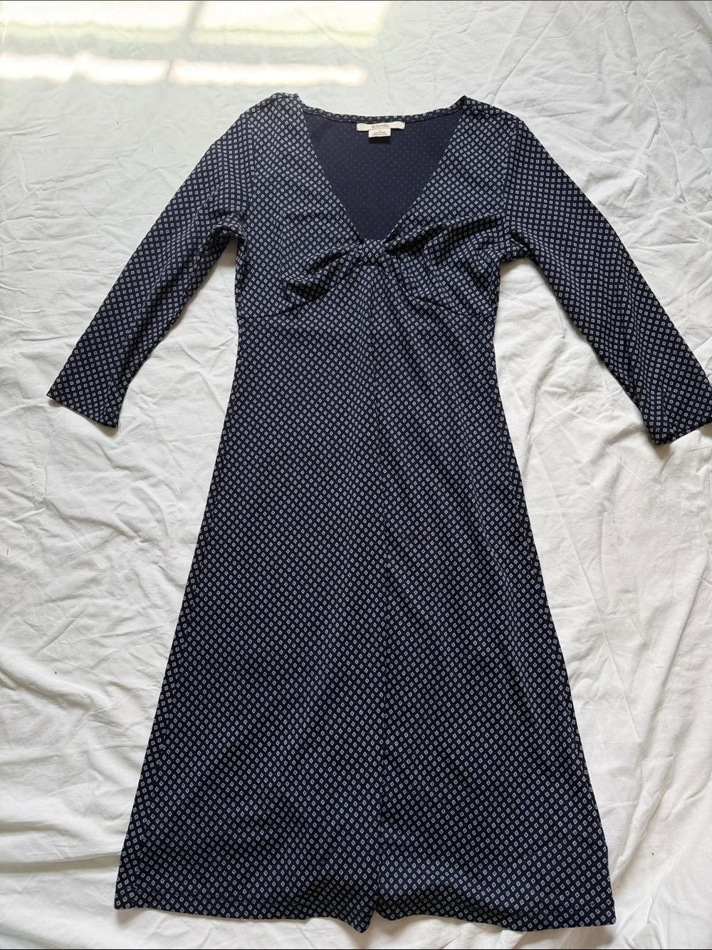 Michael Kors Navy and White Printed Long-Sleeve V-Neck Dress